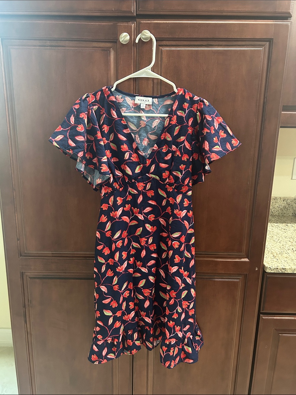 Gilli Lightweight Navy Dress with Red Floral Print and V-Neck
